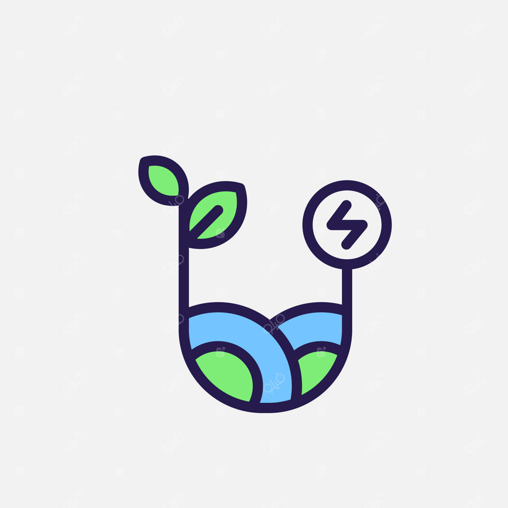 نماد باغ و انرژی سبز: انرژی رایگان، بوم‌شناسی، انرژی تجدیدپذیر و سازگار با محیط زیست. آیکون‌های رنگی و ساده.