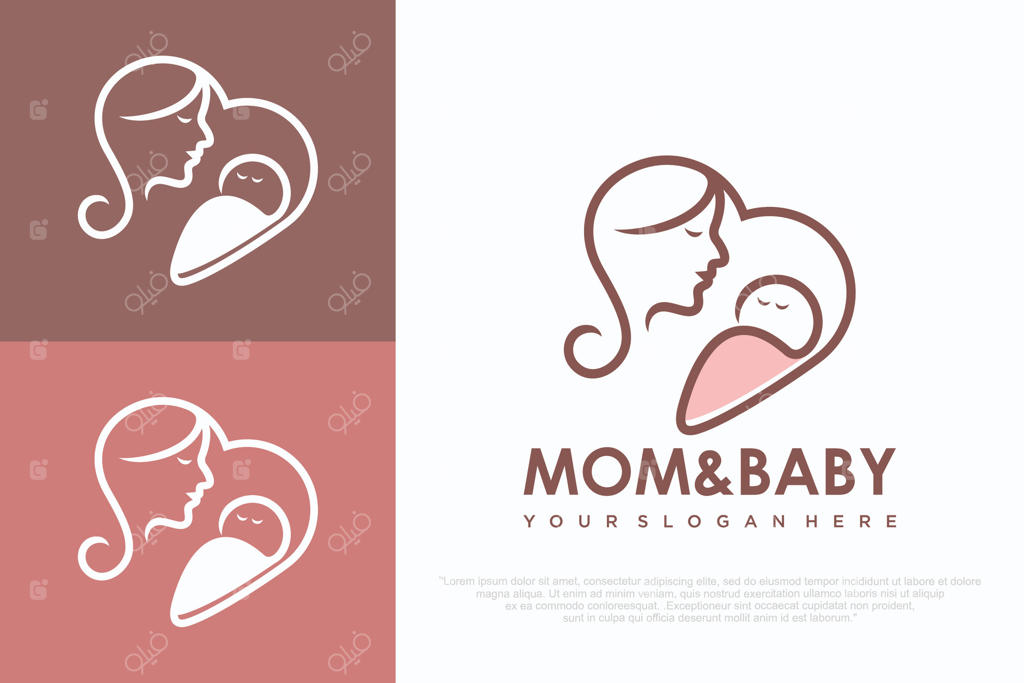 طراحی لوگوی شکل قلب مادر و نوزاد. تصویر‌سازی لوگو برای کلینیک پزشکی و مراقبت.