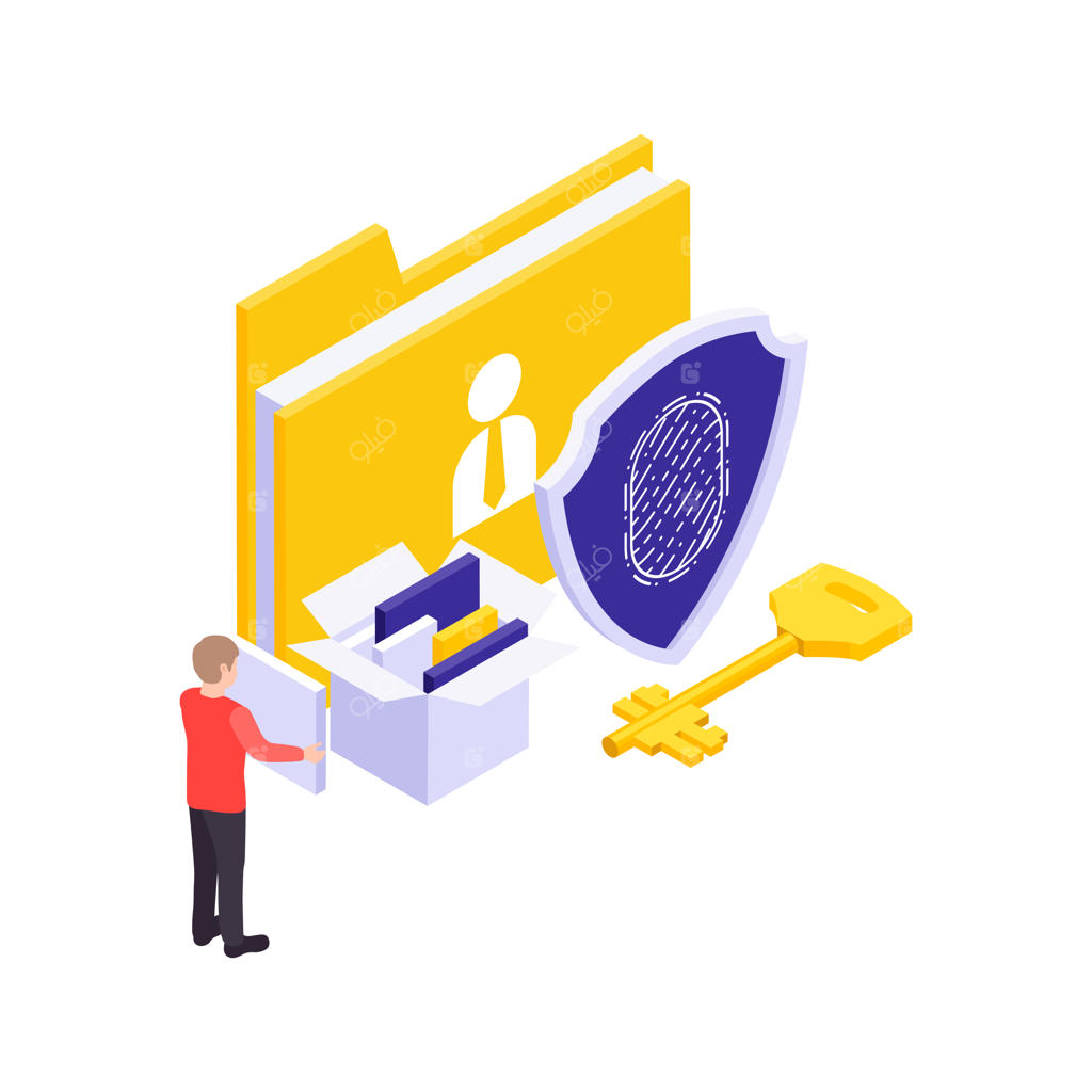 مفهوم ایزومتریک امنیت سایبری با کلید دسترسی اثر انگشت و پوشه‌ها بر روی زمینه سفید