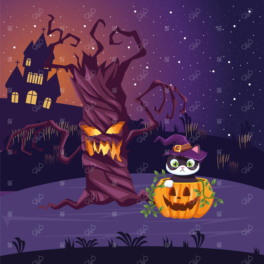 طرح درخت و کدو تنبل هالووین با گربه‌های کارتونی، موضوع تعطیلات و ترسناک