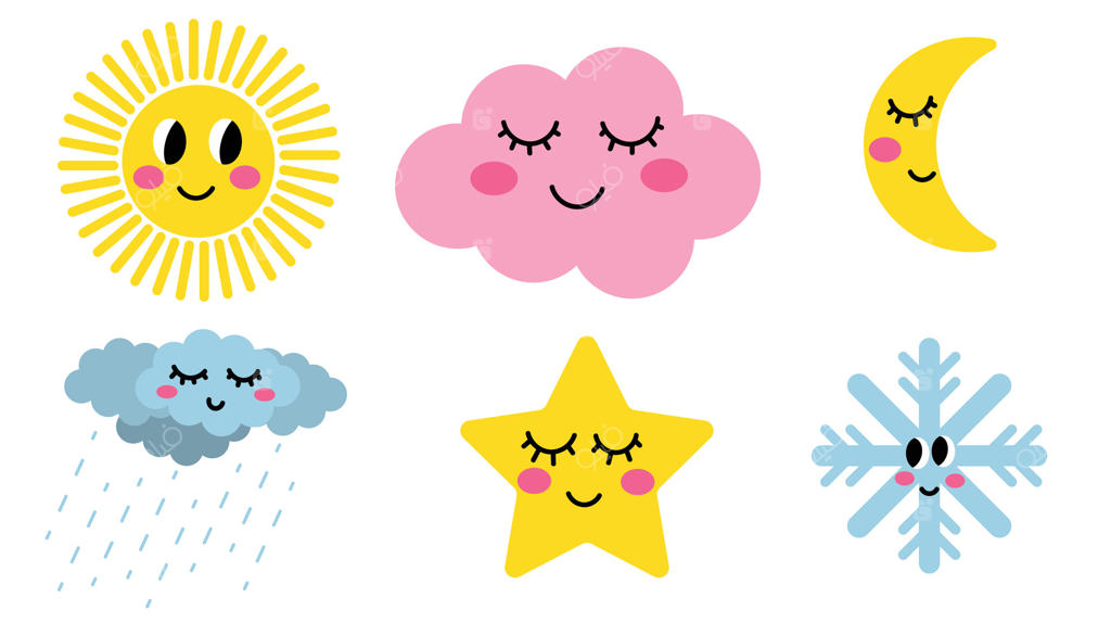 خورشید، ماه، ستاره و ابر بامزه کارتونی، پَرَک برف با حالات چهره کودکانه. نمادهای هواشناسی برای کودکان.