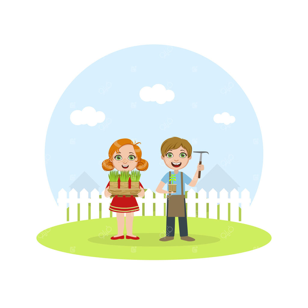 بچه‌های بامزه در حال کار در باغ، پسر و دختر مشغول مراقبت از گیاهان با ابزار باغبانی (تصویرسازی)