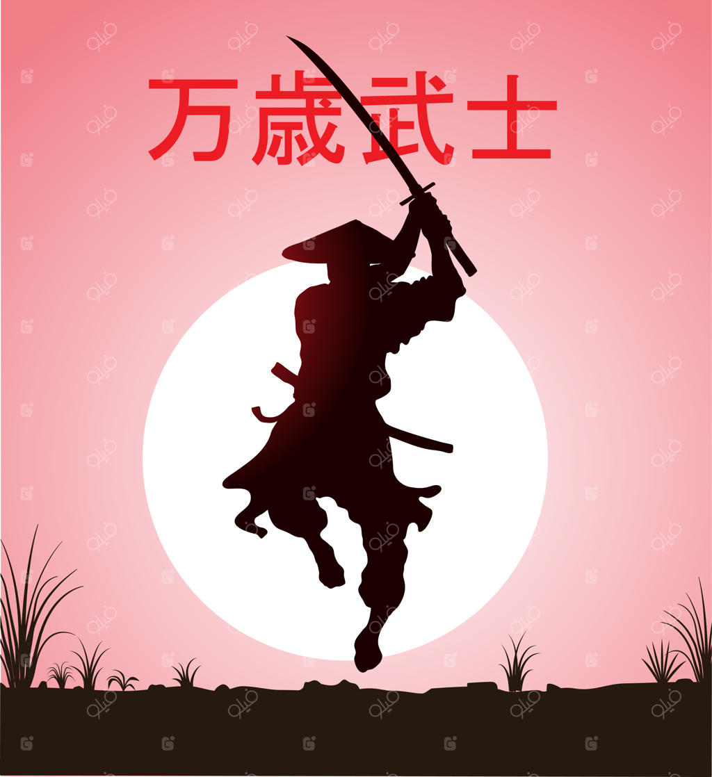 سامورایی با شمشیر به سبک گرافیک رنگی و هیروگلیف‌ها