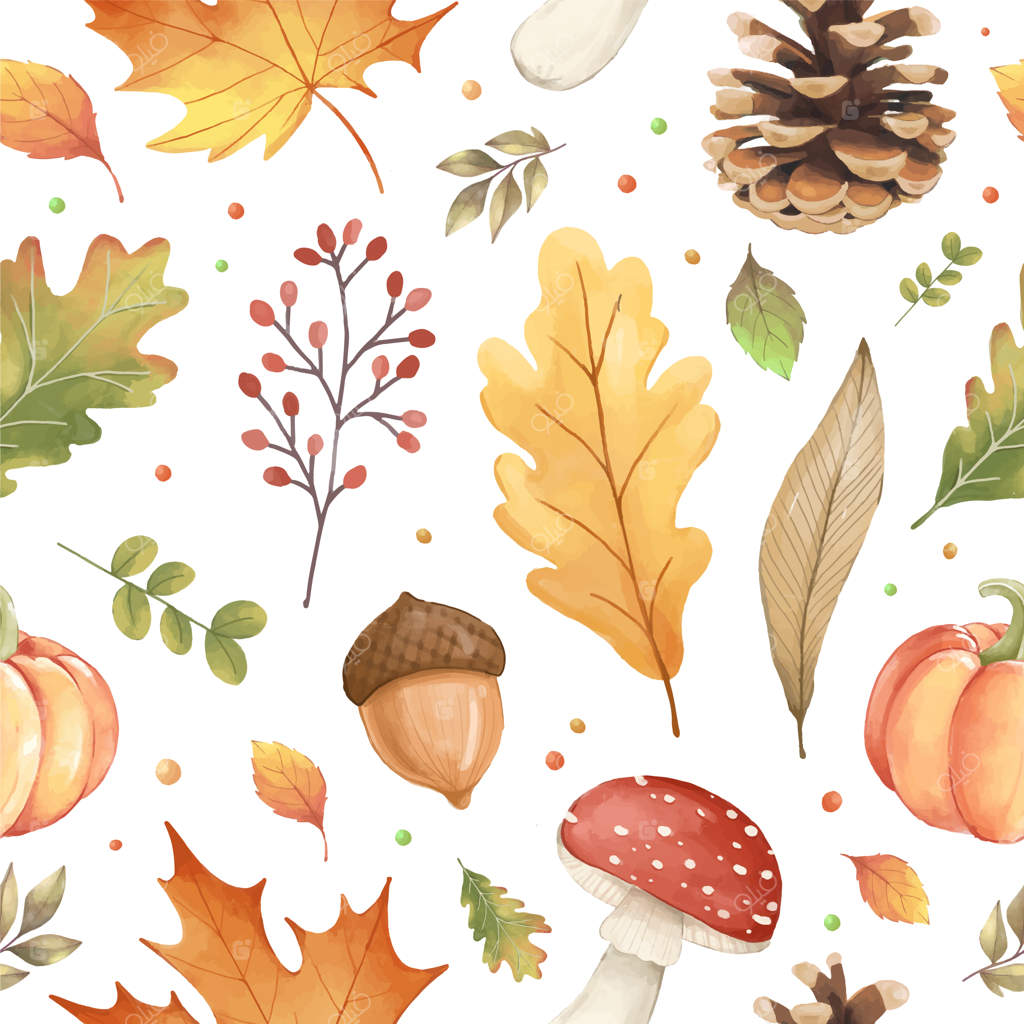 پترن پاییزی با برگ‌های رنگارنگ، قارچ، مخروط کاج، کدو تنبل و دانه بلوط