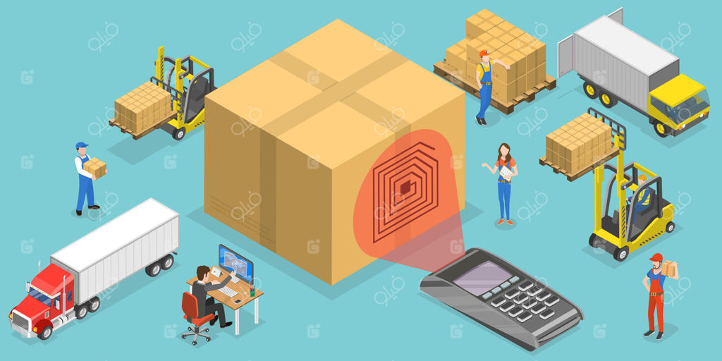 تصویر مفهومی سه‌بعدی ایزومتریک از ردیابی لجستیک توسط RFID.