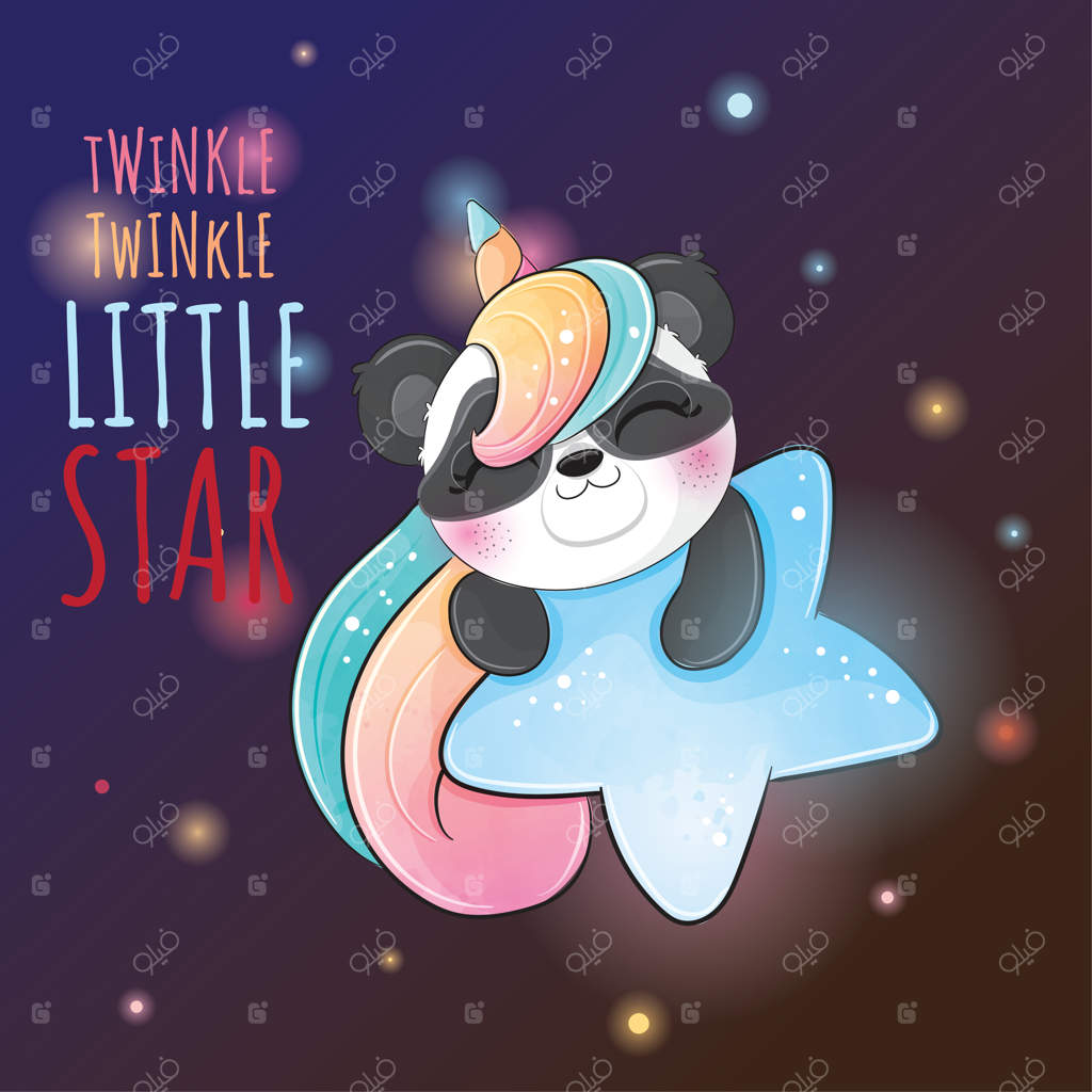 پاندای کوچولوی بامزه تک‌شاخ با ستاره - شخصیت پاندا با آبرنگ بامزه