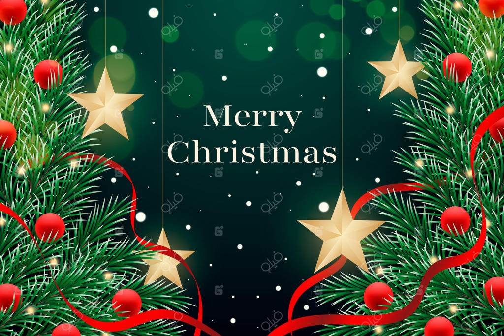 پس‌زمینه گرادیان برای جشن فصل کریسمس با درخت کاج و ستاره‌ها