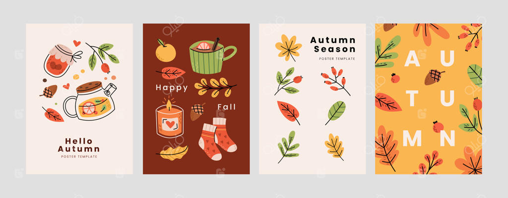 مجموعه پوسترهای پاییزی: بنرهایی از فصل پاییز با عناصر دل‌نشین. برگ‌ها، مربا، چای در قوری، فنجان و شمع. کارت خلاقانه جشن پاییزی.