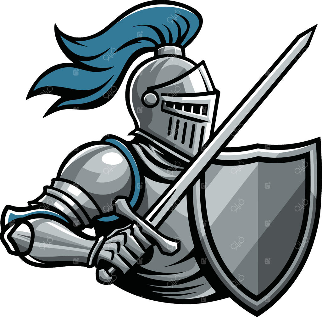 تصویر شوالیه قرون وسطا آماده نبرد با شمشیر و سپر