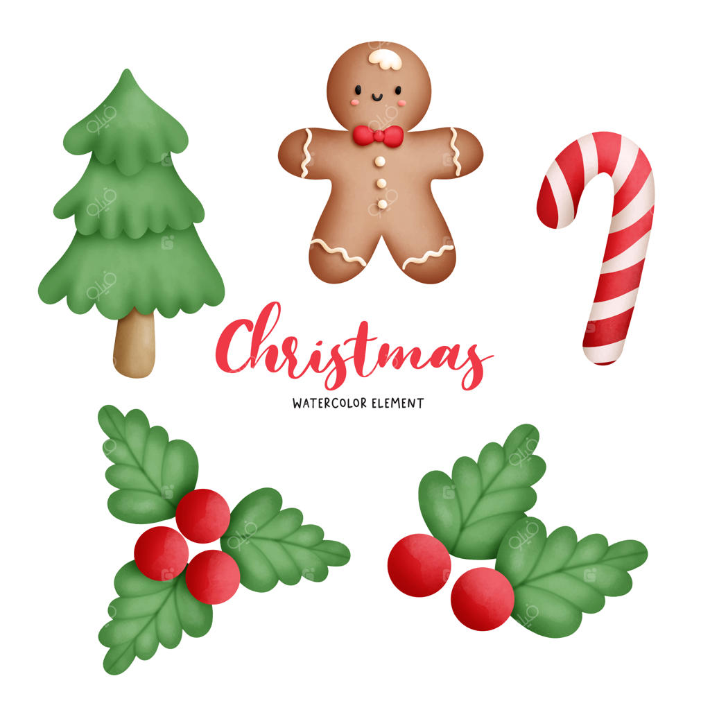 نقاشی دیجیتال آبرنگی از بیسکویت‌های کریسمسی و زنجبیلی.