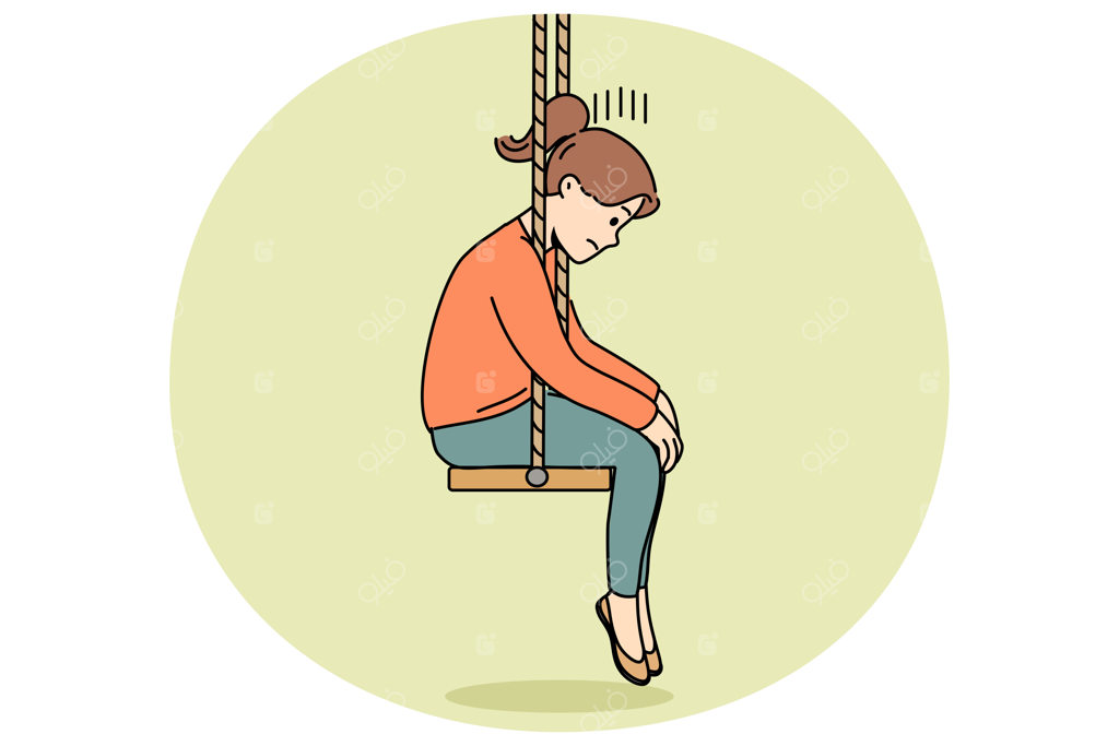دختربچه ناراحت نشسته روی تاب با سر پایین پس از طلاق والدین یا توبیخ در مدرسه