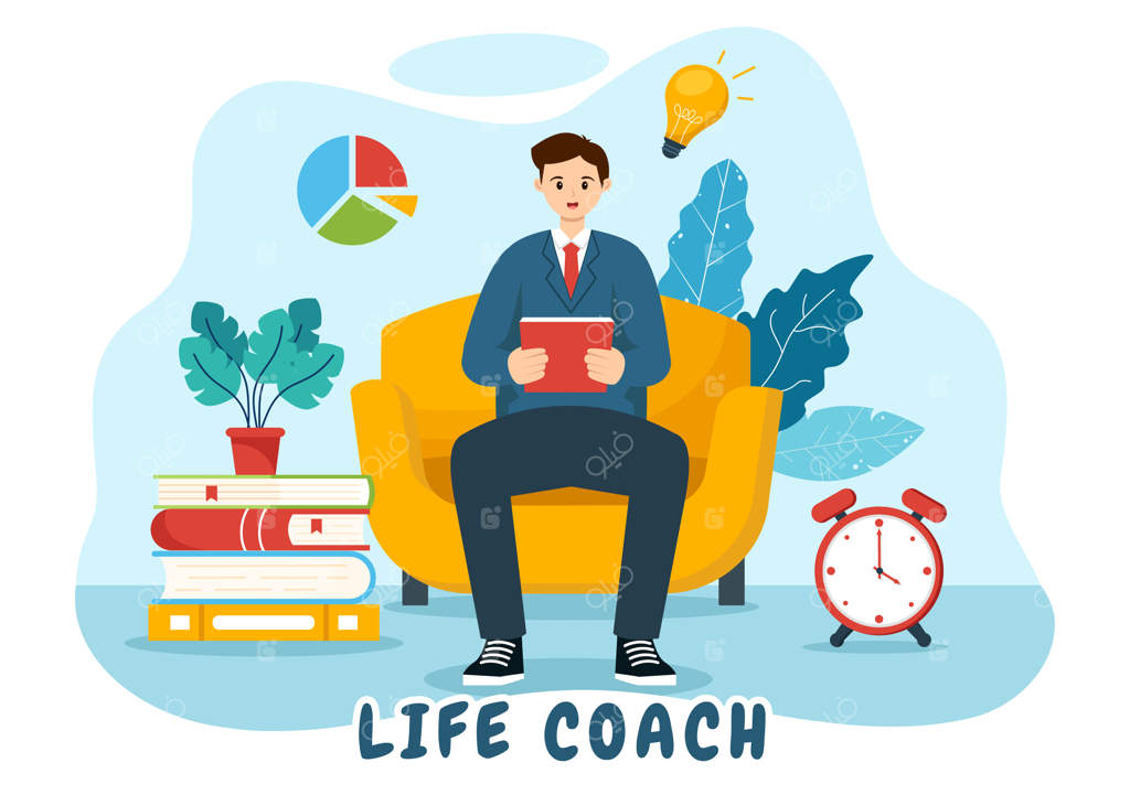 طرح وکتور مربی زندگی برای مشاوره و خودکوچینگ در پس‌زمینه کارتونی کسب‌وکار