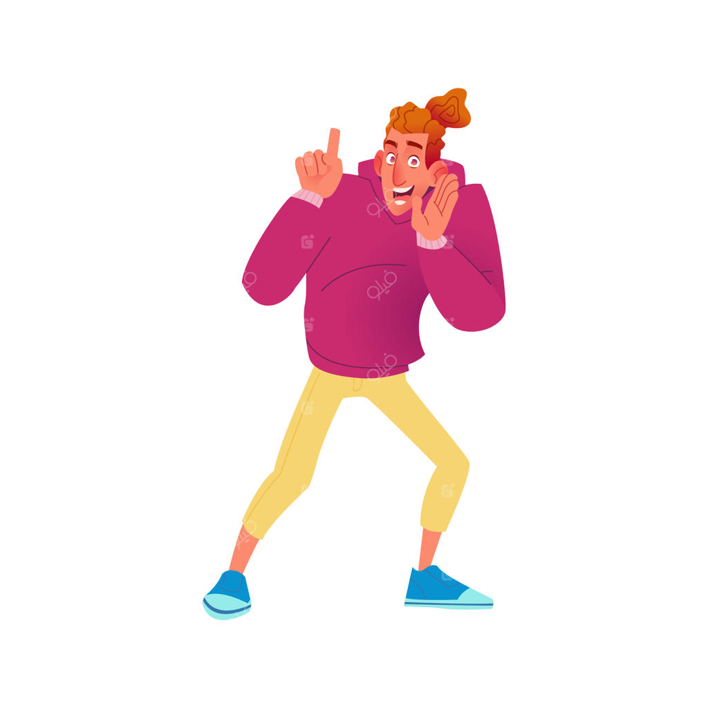 جوان پرشور و پرانرژی با لباسی رنگارنگ در حال ابراز هیجان