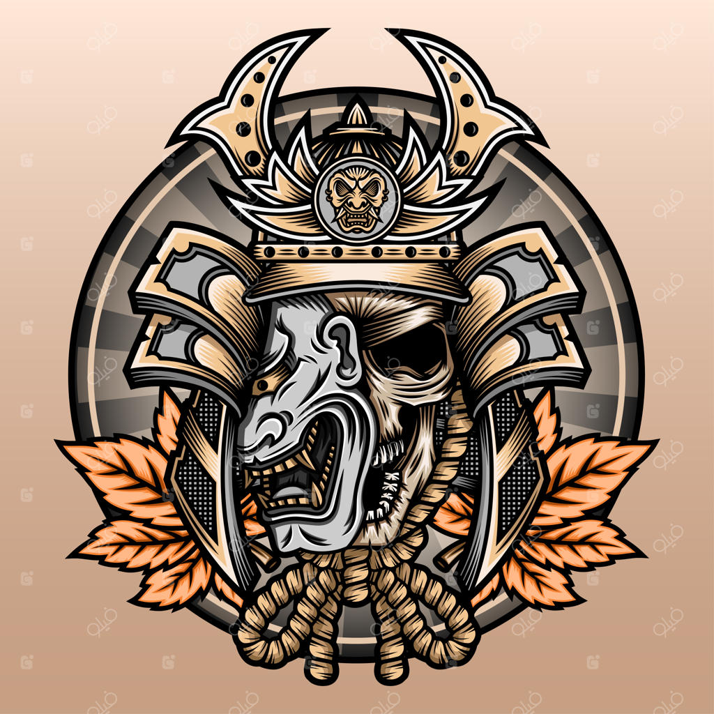 جمجمه سامورایی با برگ افرا.