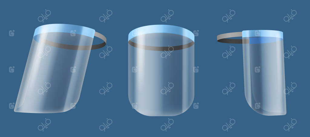 محافظ صورت: مجموعه‌ای سه‌بعدی و واقعی از اسکرین محافظ صورت شفاف از زوایای مختلف، وسیله‌ای برای پیشگیری از عفونت، محافظ پزشکی سر، مانعی ضدباکتریایی برای جلوگیری از گسترش کووید-19