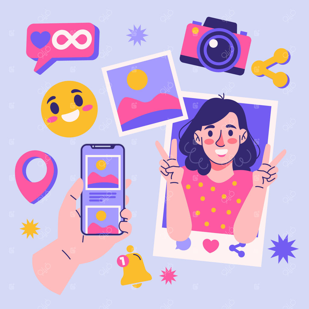 مجموعه‌ای از طراحی عناصر شبکه‌های اجتماعی با شخصیت‌های تخت‌نما