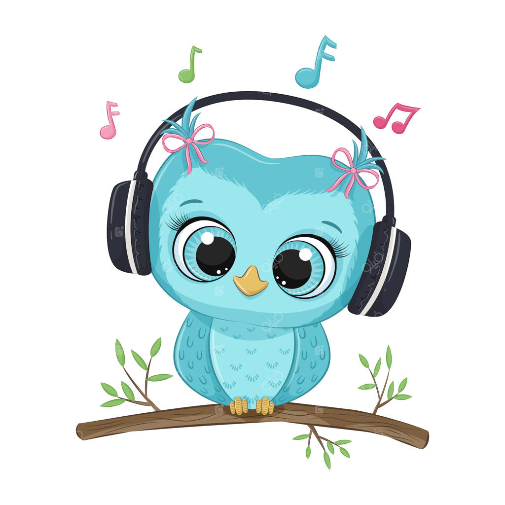 جغد دخترانه بامزه با هدفون در حال گوش دادن به موسیقی