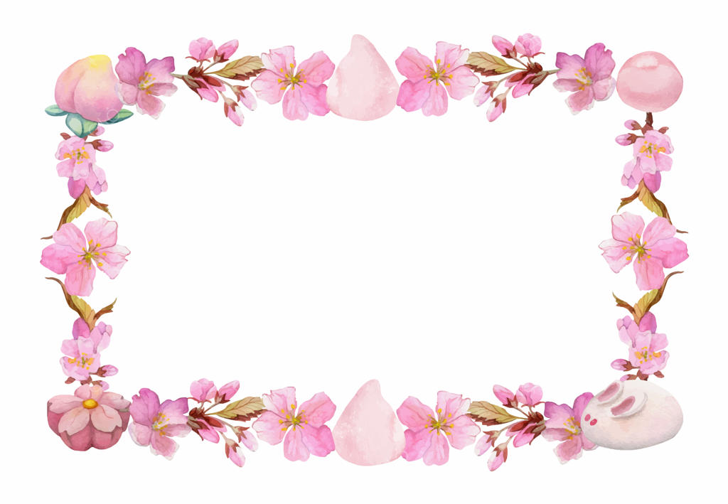 قاب مربع آبرنگی شیرینی‌های سنتی ژاپنی با واگاشی بهاری و ساکورا برای دعوتنامه‌ها، منوی رستوران، کارت‌های تبریک و چاپ پارچه