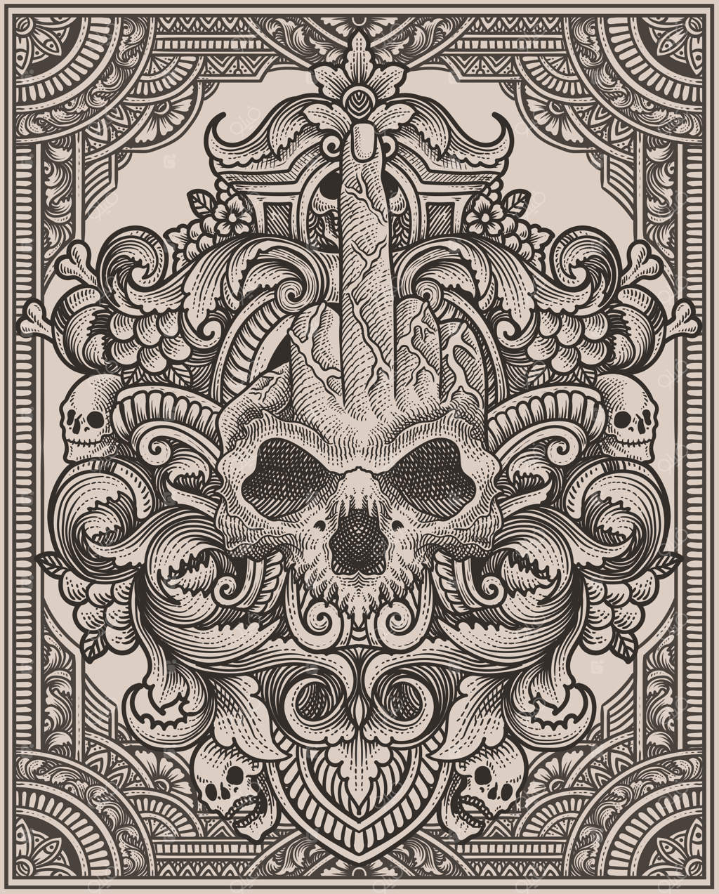 تصویر جمجمه با انگشت وسط و طرح حکاکی قدیمی