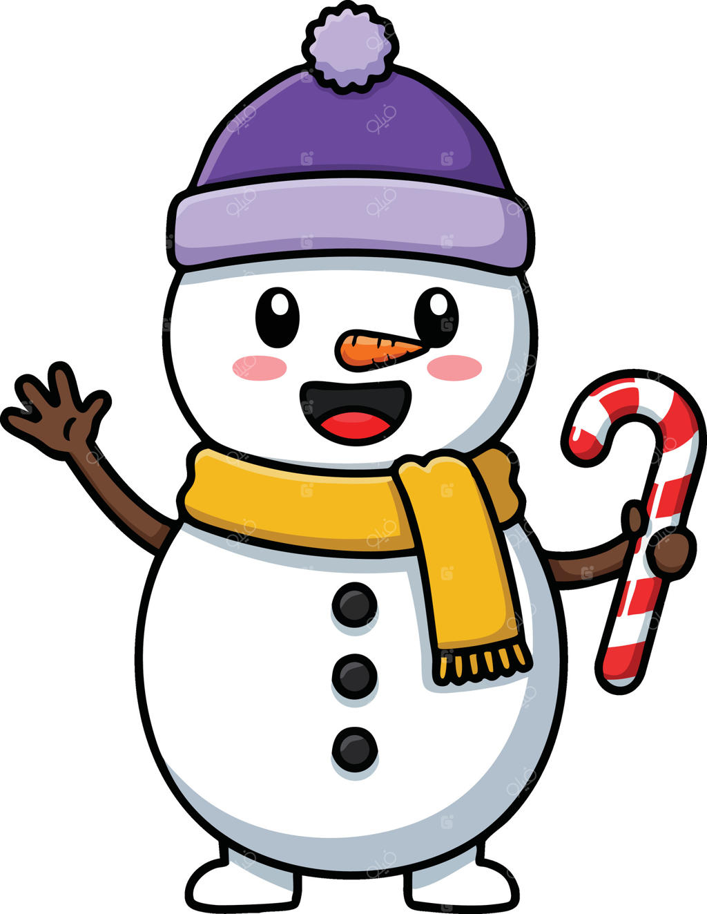 آدم‌برفی خندان با کلاه بنفش، شال‌گردن زرد و عصای آب‌نباتی