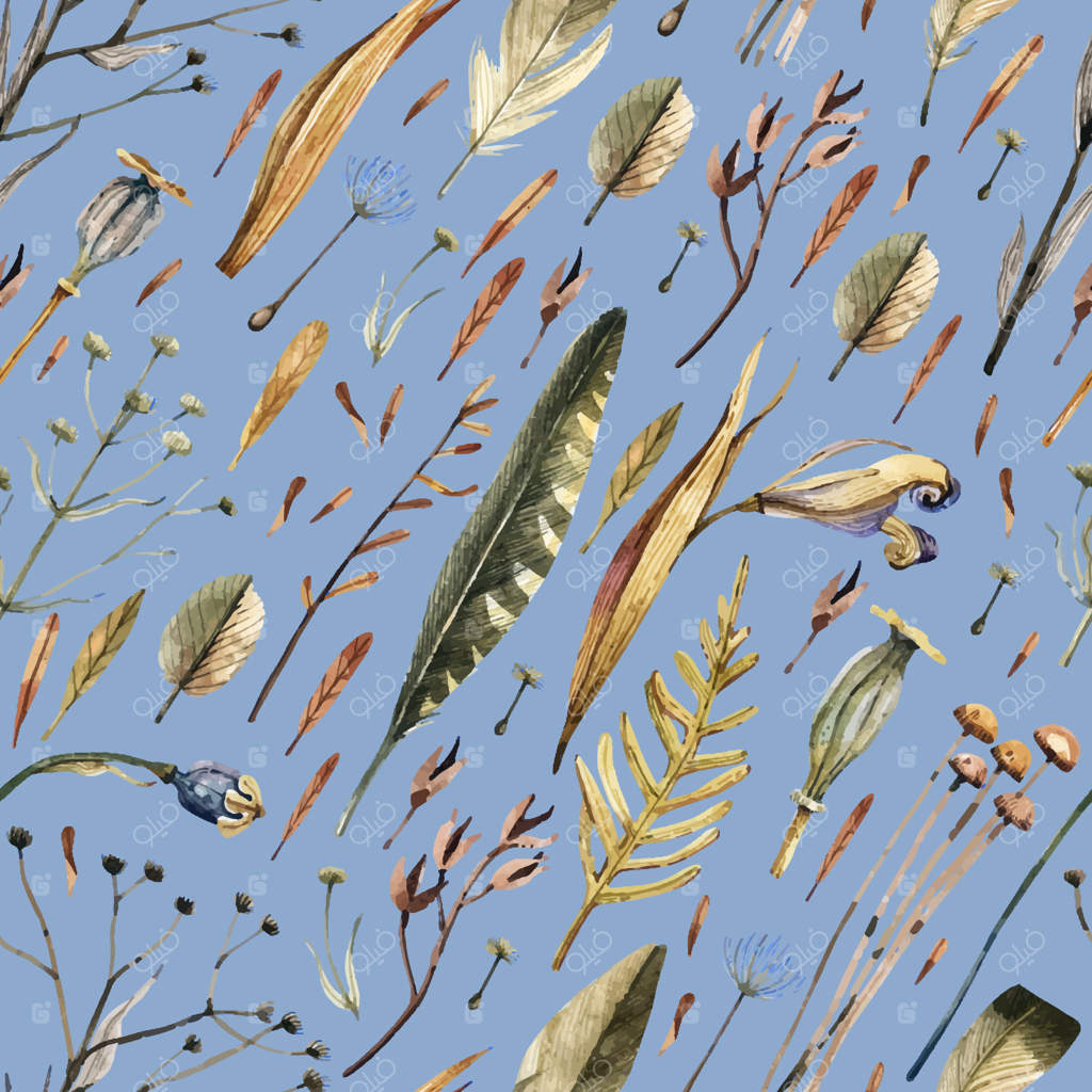 پترن آبرنگ یکپارچهِ گیاهان خشک، شاخه‌ها و پرها در سبک کلاسیک. پس‌زمینه‌ی طبیعی