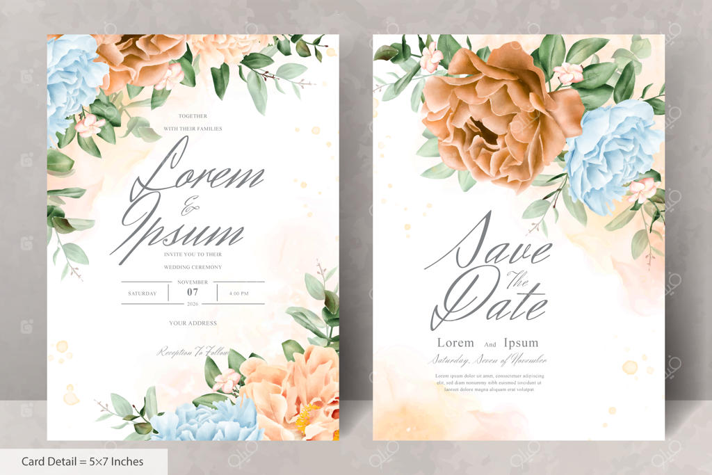 پترن کارت دعوت عروسی با طرح گل‌های آبرنگی و برگ‌های دست‌کشیده