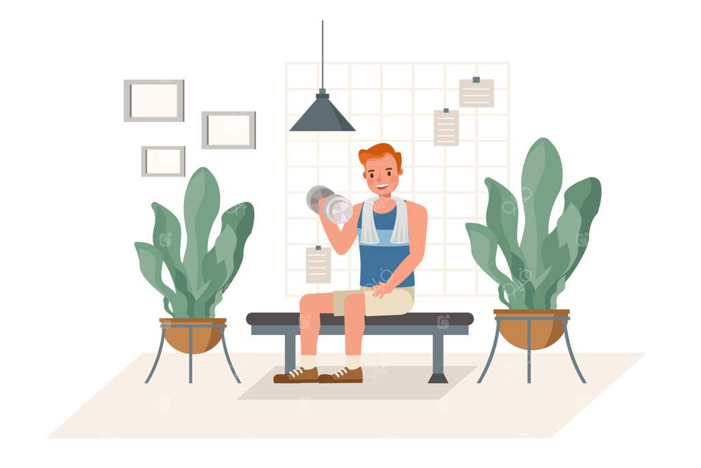 مردی در حال ورزش با دمبل در خانه. مفهوم سبک زندگی سالم و تندرستی.