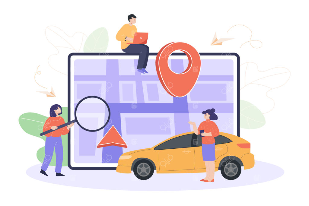 استفاده از اپلیکیشن اشتراک‌گذاری خودرو با تبلت بزرگ: یافتن مسیر روی نقشه شهر. تصویرسازی برداری برای اجاره خودرو، حمل‌و‌نقل، ناوبری و ارتباطات