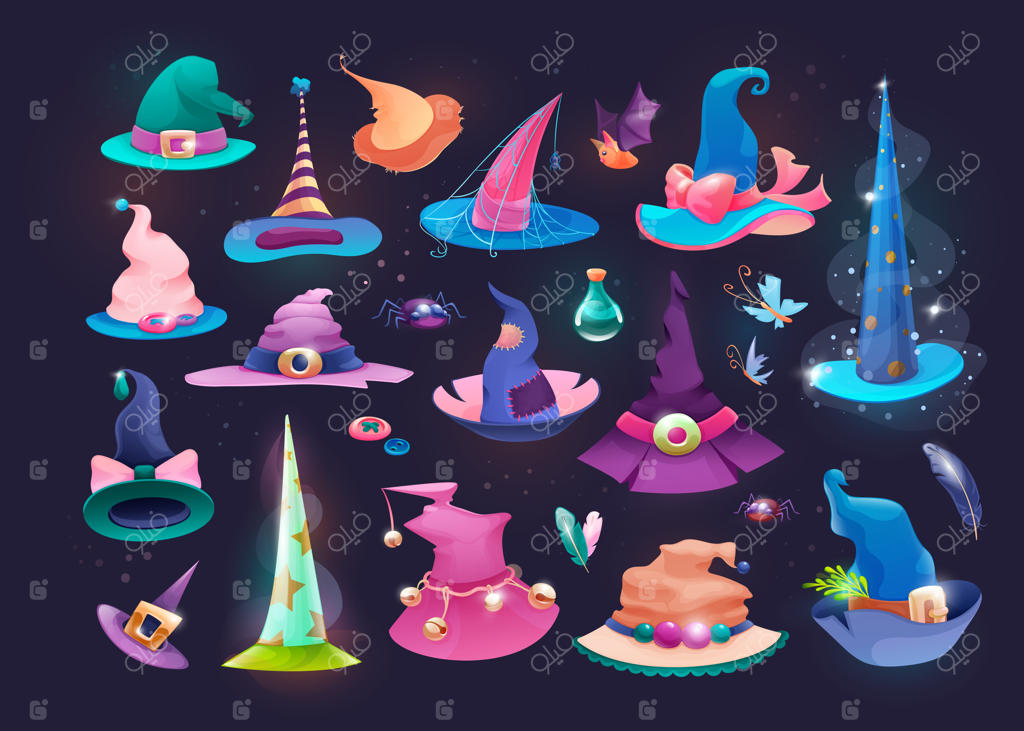 مجموعه‌ای از کلاه‌های جادوگری، کلاه قدیمی جادوگر در هالووین.