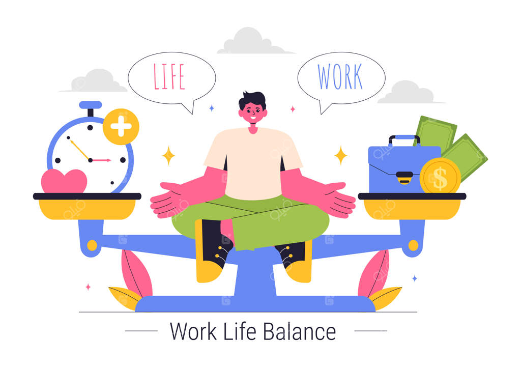 تصویر برداری تعادل کار و زندگی: نمایش فردی که در حال متعادل‌سازی شغل، خانواده و فعالیت‌های تفریحی است، در پس‌زمینه‌ای کارتونی و مدرن