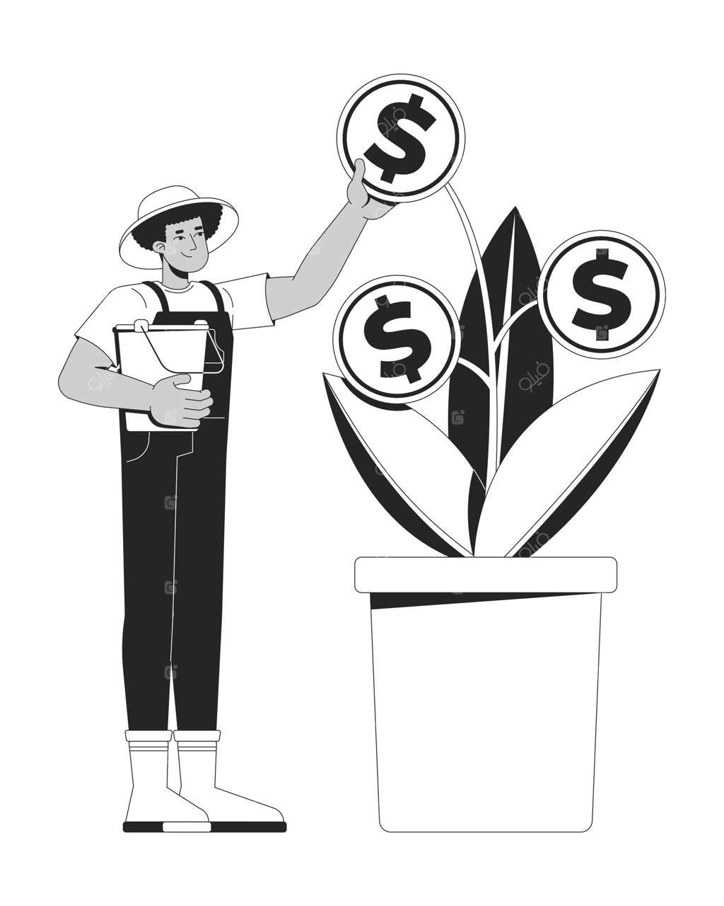 کشاورز لاتین مرد در حال پرورش گیاه سکه - شخصیت خطی دوبعدی. پرورش سرمایه‌گذاری مالی. باغبان در حال مراقبت از جوانه زدن پول در گلدان - تصویر سیاه و سفید و خلاصه.