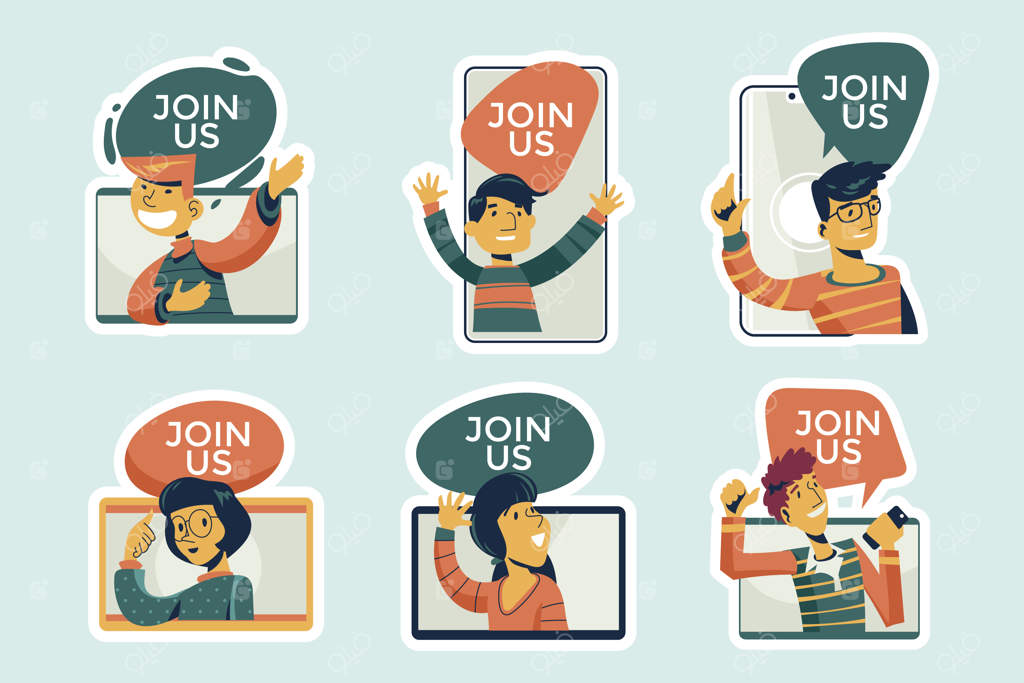 مجموعه‌ای از برچسب‌های "به ما بپیوندید" با طراحی شخصیت‌ها