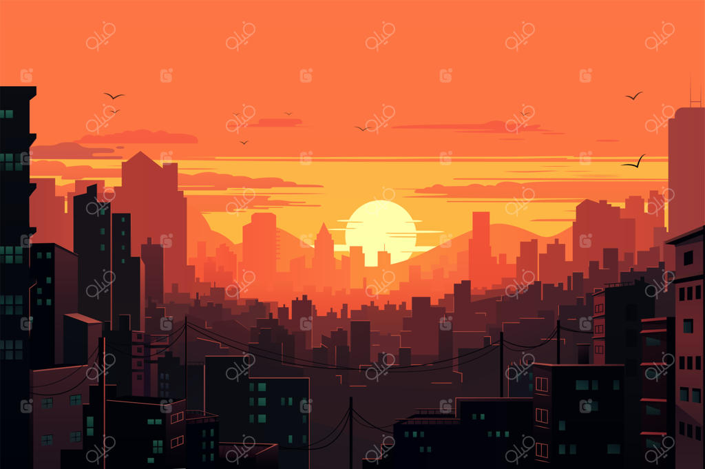 غروب پس‌زمینه در شهر: تصویر کارتونی جذاب از یک شهر پر جنب‌وجوش