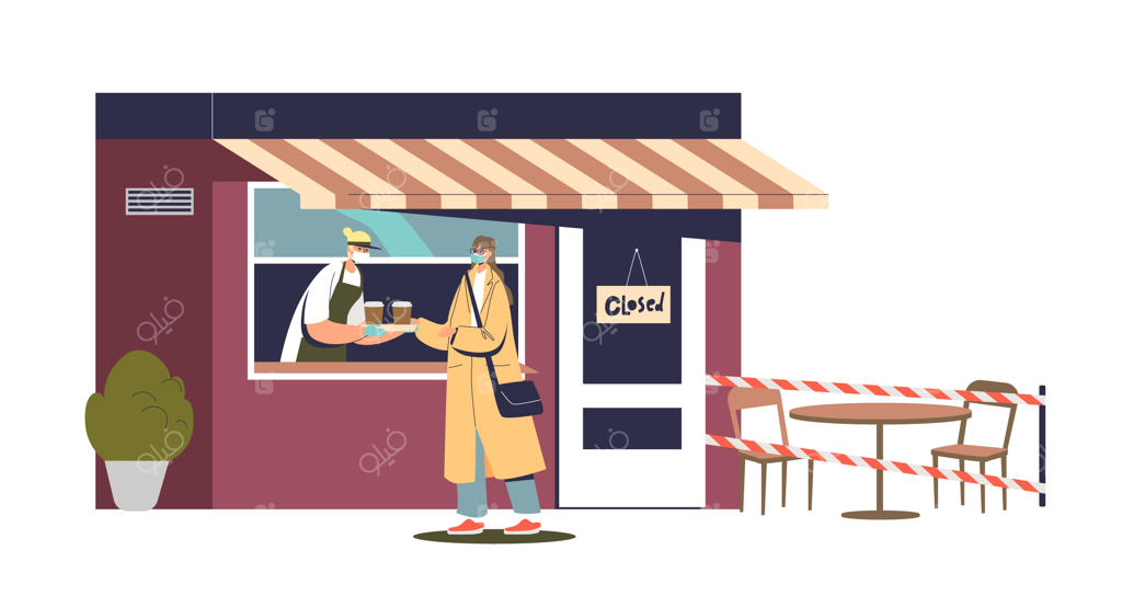 زن ماسک‌دار در قرنطینه کرونا قهوه بیرون‌بر سفارش می‌دهد