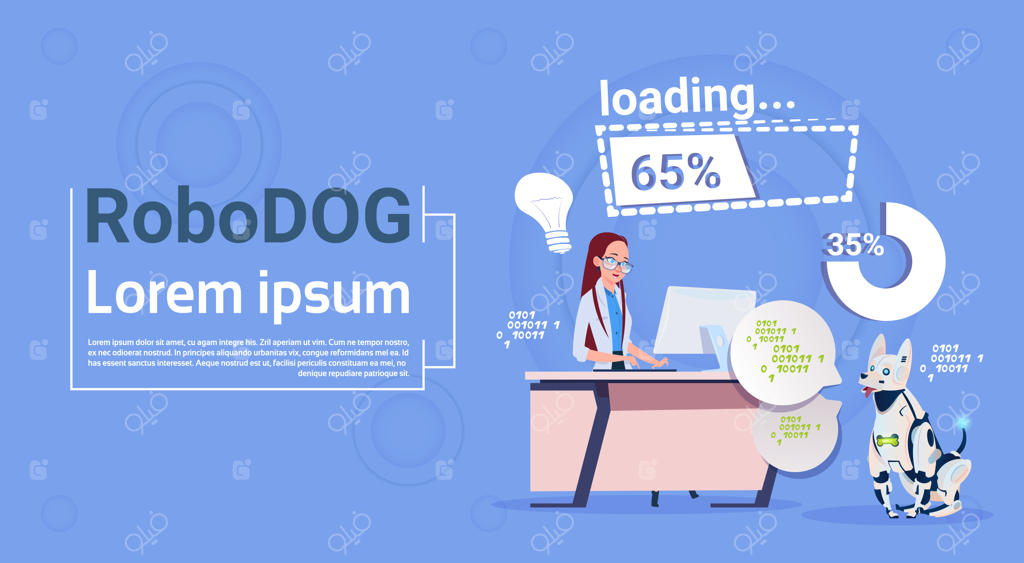 برنامه‌نویس زن در حال کدنویسی در کنار سگ رباتیک؛ حیوان خانگی هوشمند و فناوری هوش مصنوعی