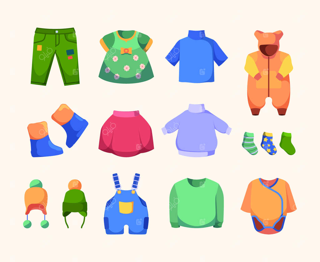 لباس‌های روزمره برای کودکان: مجموعه‌ای از پیراهن، بوت، ژاکت، کلاه و شلوار با طراحی‌های رنگارنگ و جذاب وکتوری