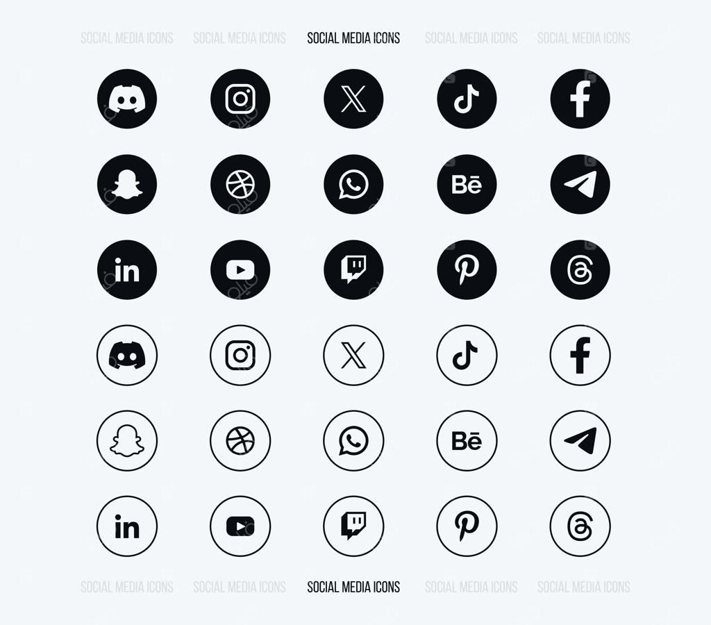 مجموعه آیکون‌های شبکه‌های اجتماعی سیاه و سفید (توپر و خطی) - فایل وکتور EPS