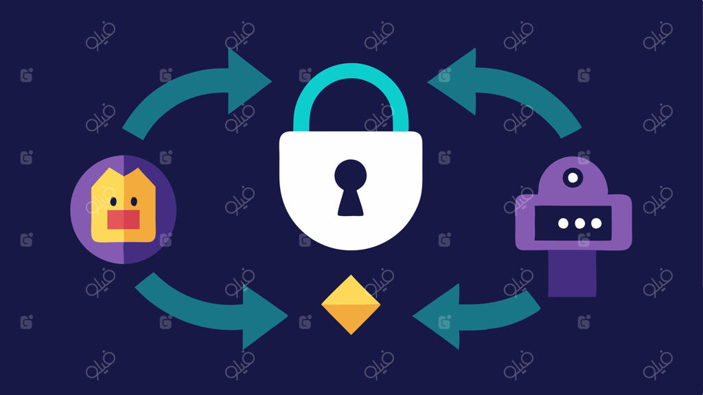 معاملات ایمن تصویرسازی قفل دیجیتال بر روی شخصیت بازی همراه با فلش‌هایی که نشان از معاملات ایمن میان بازیکنان دارند.