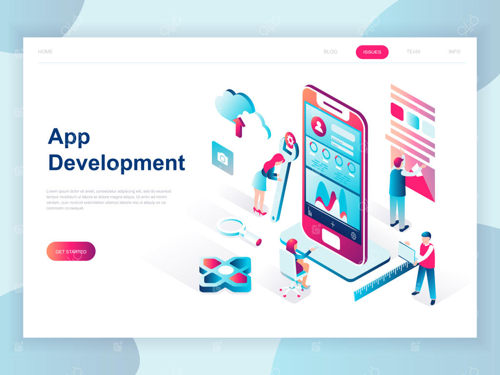 طرح مفهومی ایزومتریک توسعه اپلیکیشن با طراحی تخت مدرن