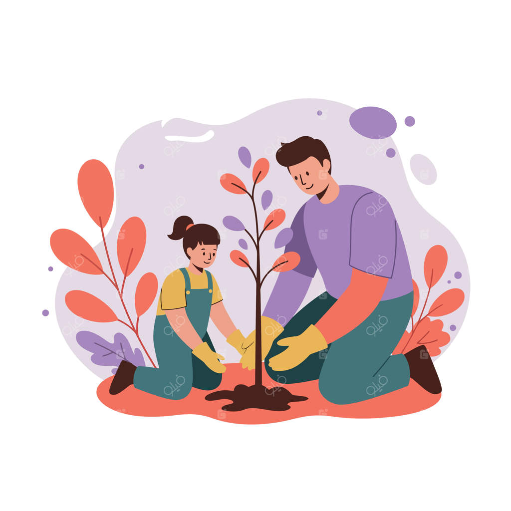 پدر و دختر در حال کاشت درخت در باغ با گیاهان رنگارنگ و طبیعتی زیبا (تصویرسازی)