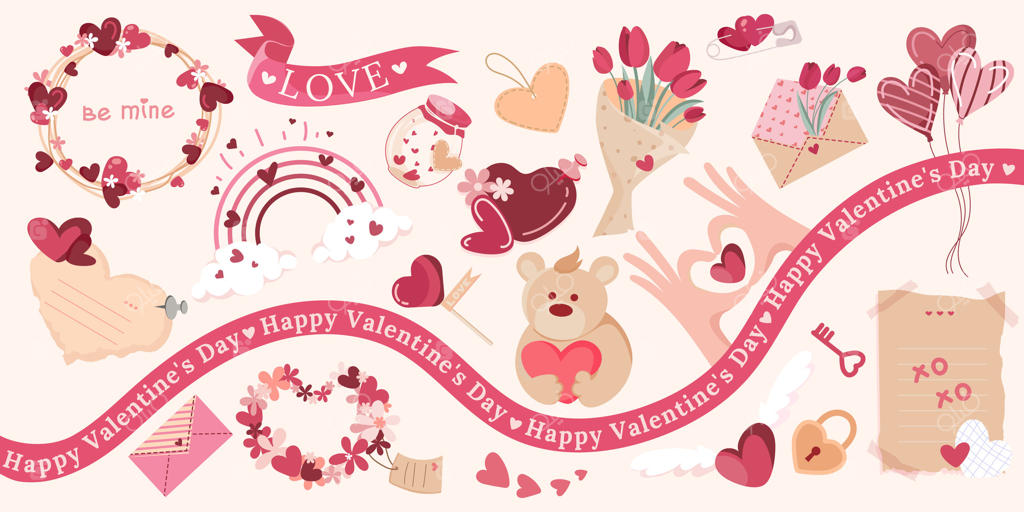 عناصر عاشقانه برای ولنتاین: قلب، گل‌ها، تاج گل‌ها، بنر، یادداشت عاشقانه، دست‌ها با قلب، رنگین‌کمان و دیگر عناصر. نامه عاشقانه. مفهوم عشق و ولنتاین، عروسی و عشق.