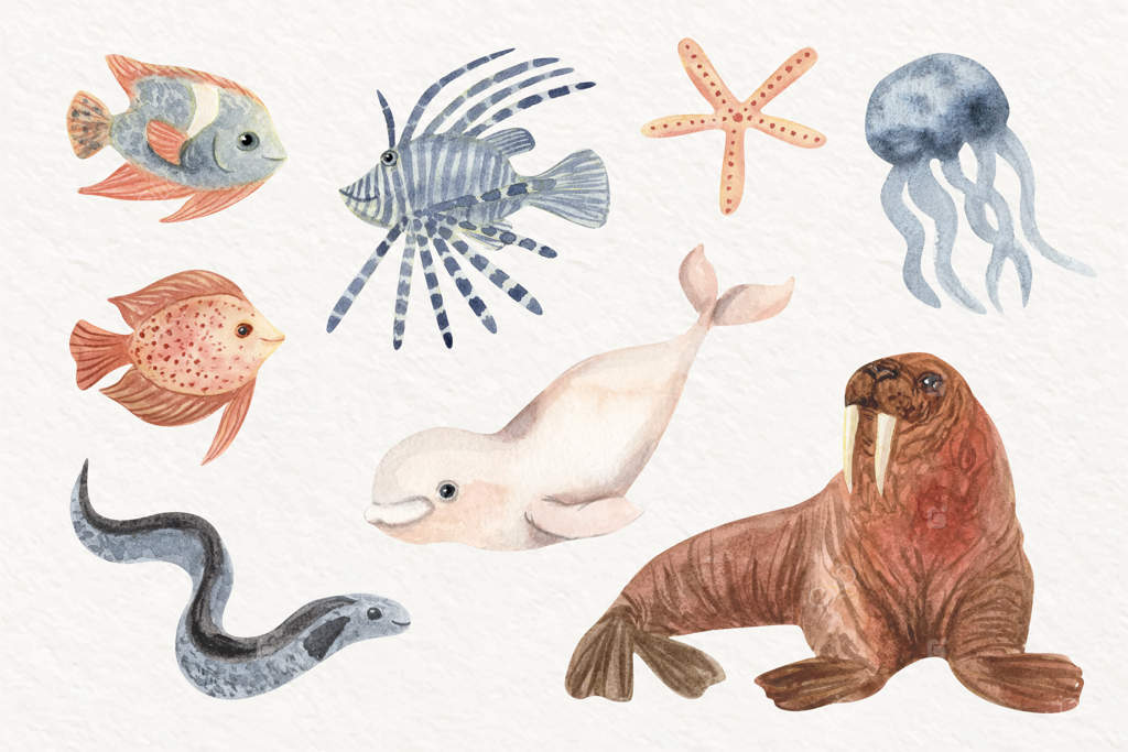 مجموعه حیوانات دریایی به آبرنگ