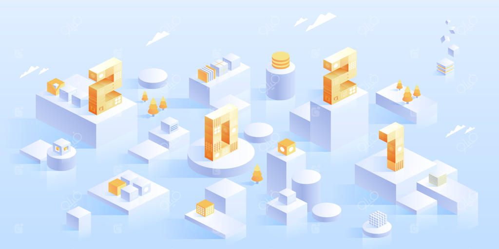 سال نو مبارک. ایده‌های نوآورانه جدید. فناوری‌های دیجیتال. تکنولوژی ایزومتریک برای پوسترها و بنرهای تعطیلات سال نو. تصویری با عناصر هندسی مدرن