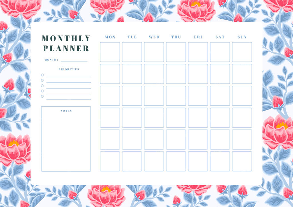 قالب برنامه‌ریزی ماهانه با گل صد تومانی قرمز زمستانی و برگ‌های آبی به‌سبک وینتیج