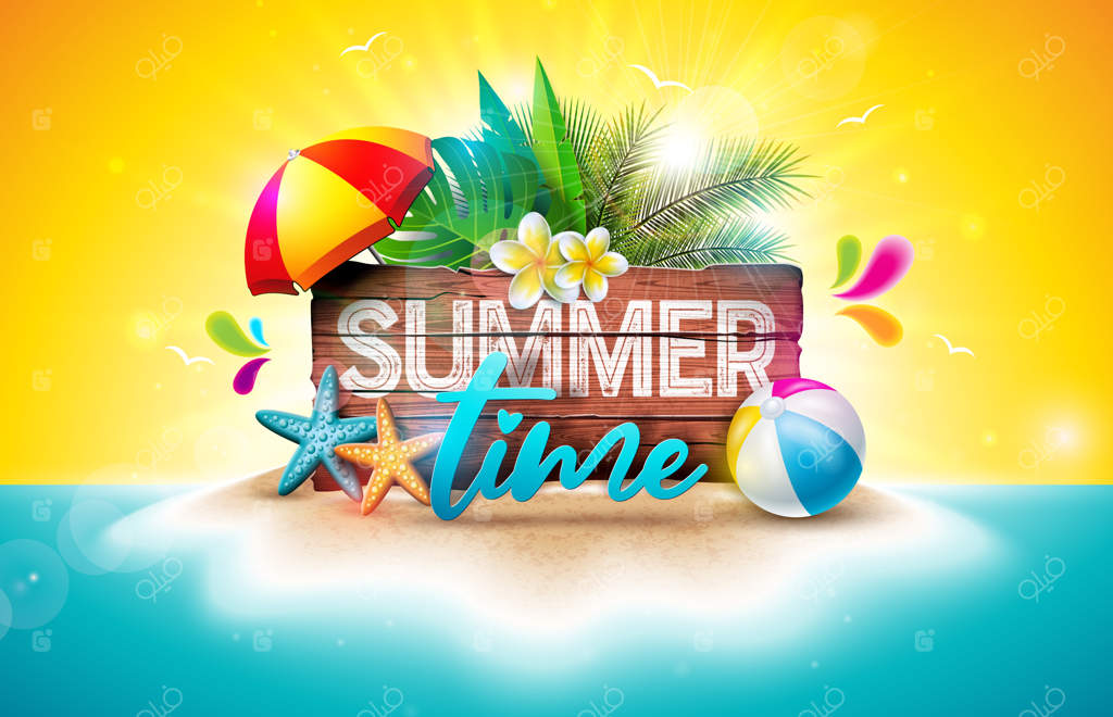 تصویر تعطیلات تابستانی با تایپوگرافی روی تخته چوب قدیمی و عناصر ساحلی