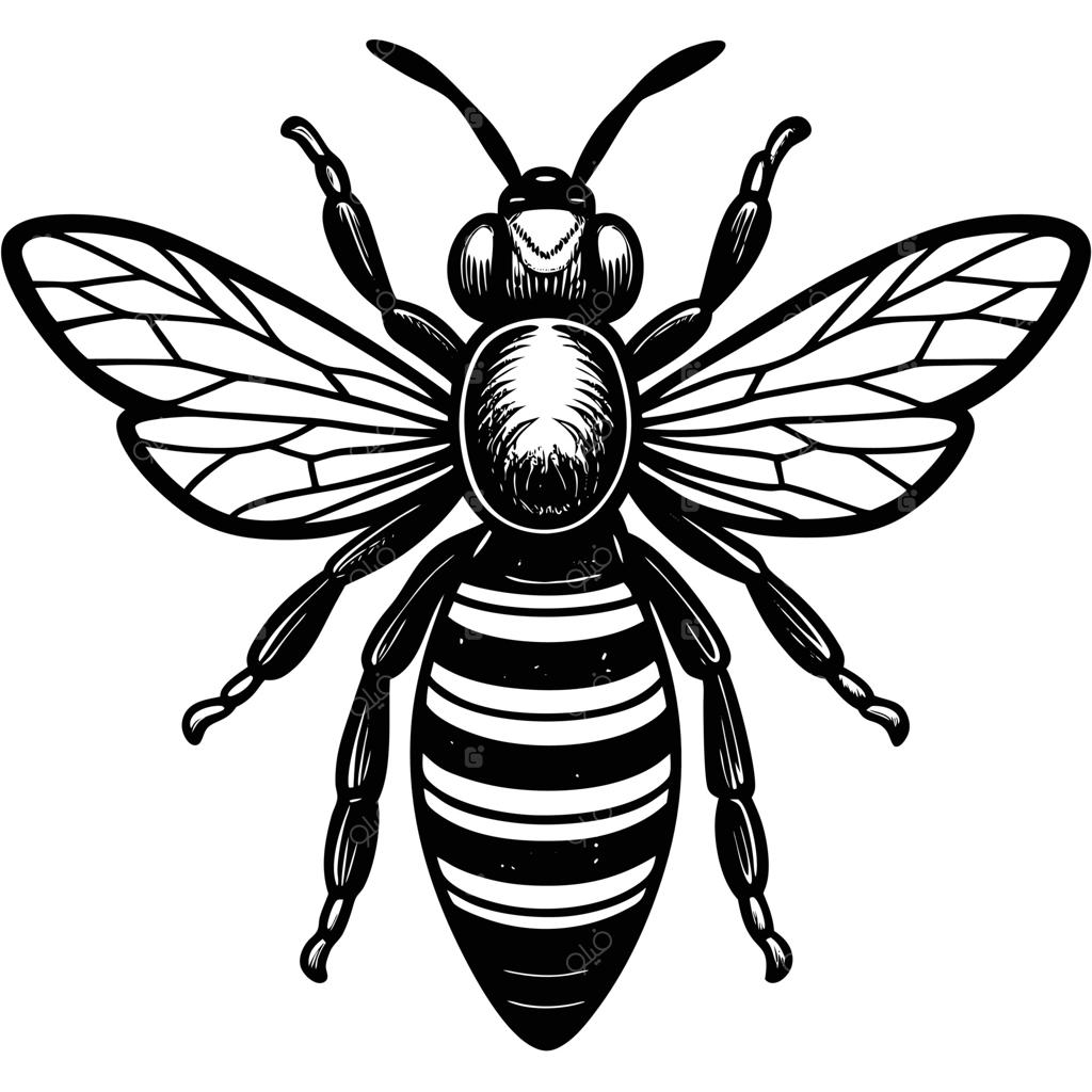 تصویر زنبور مینیمالیستی سیاه و سفید با بال‌های دقیق