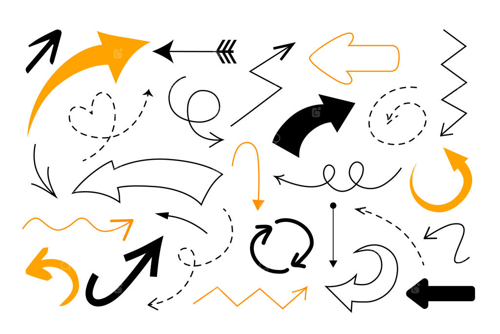 مجموعه وکتور فلش‌های کارتونی با طرح دستی در جهت‌های مختلف (صاف، منحنی، زیگزاگ و ضخیم)