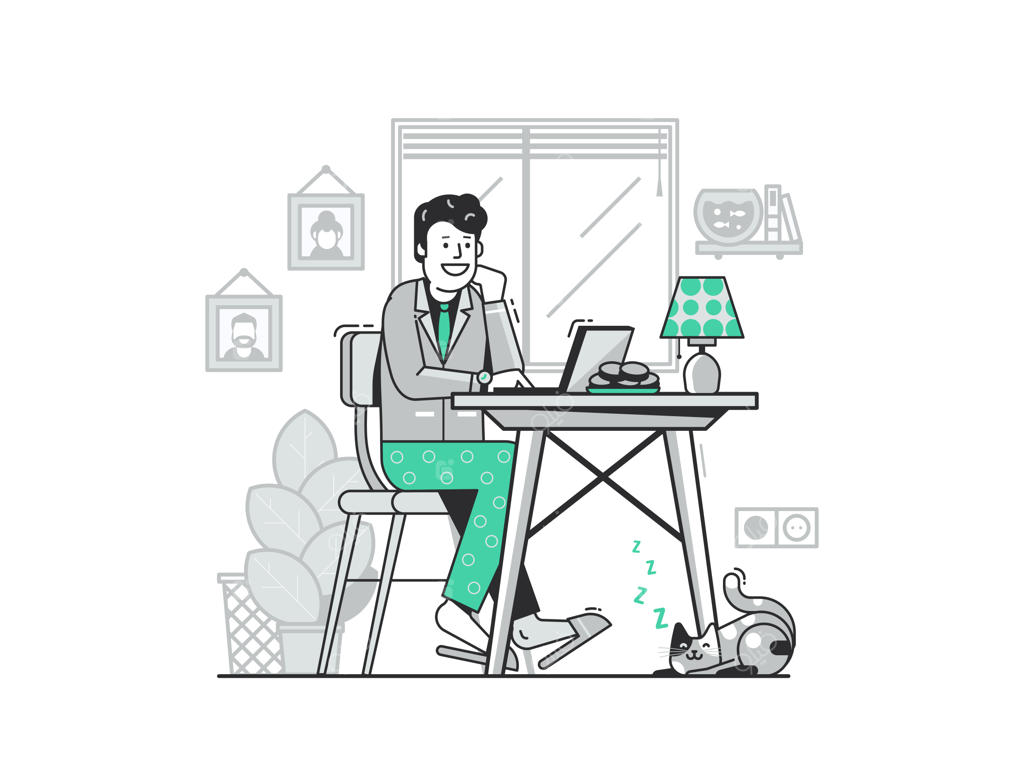 مفهوم کار از خانه با مرد جوان خوشحال در کت‌وشلوار و پیژامه با لپ‌تاپ. آزادکار شاد در حال کار آنلاین در شب. تصویرسازی شغل از راه دور در دوران قرنطینه با کارکن و گربه.