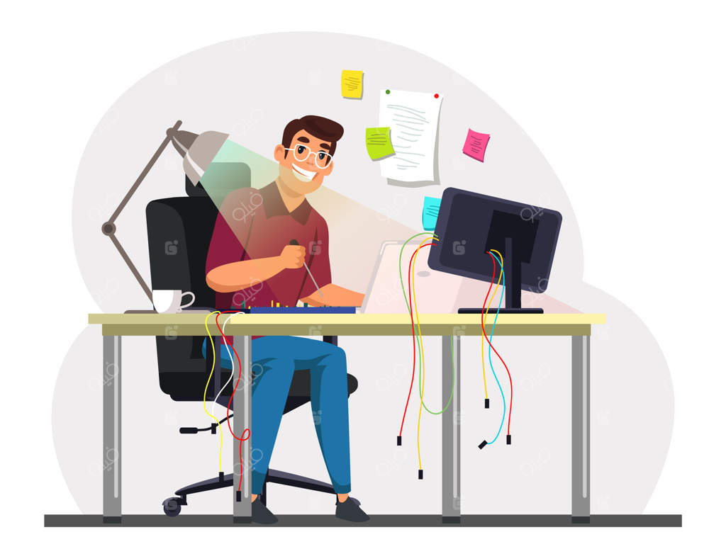 تکنسین جوان و خندان در تلاش برای تعمیر کامپیوتر خراب مردی با پیچ‌گوشتی در حال تعمیر برد الکترونیکی ناکام در دفتر کار