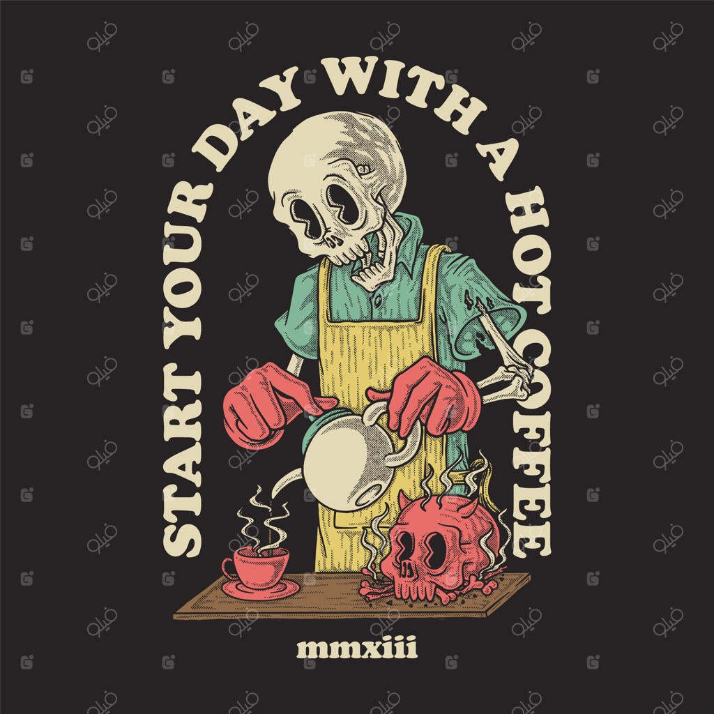 اسکلتی با پیشبند، قهوه داغی با فنجان قهوه درست می‌کند.